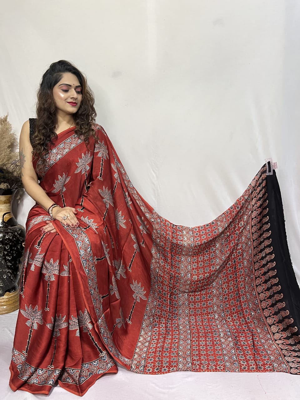 Red Pichwai Inspired Trees Ajrakh Hand Block Natural Dye Modal Silk Saree With Blouse