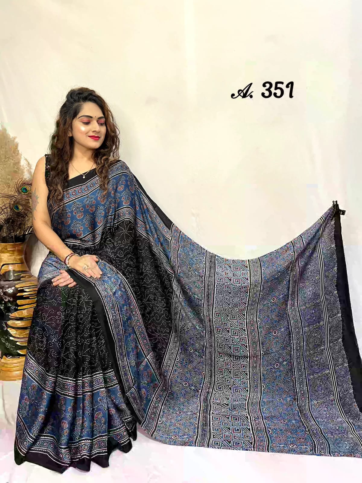 Black and Blue Rie Bandhej Motif Ajrakh Hand Block Natural Dye Modal Silk Saree With Blouse