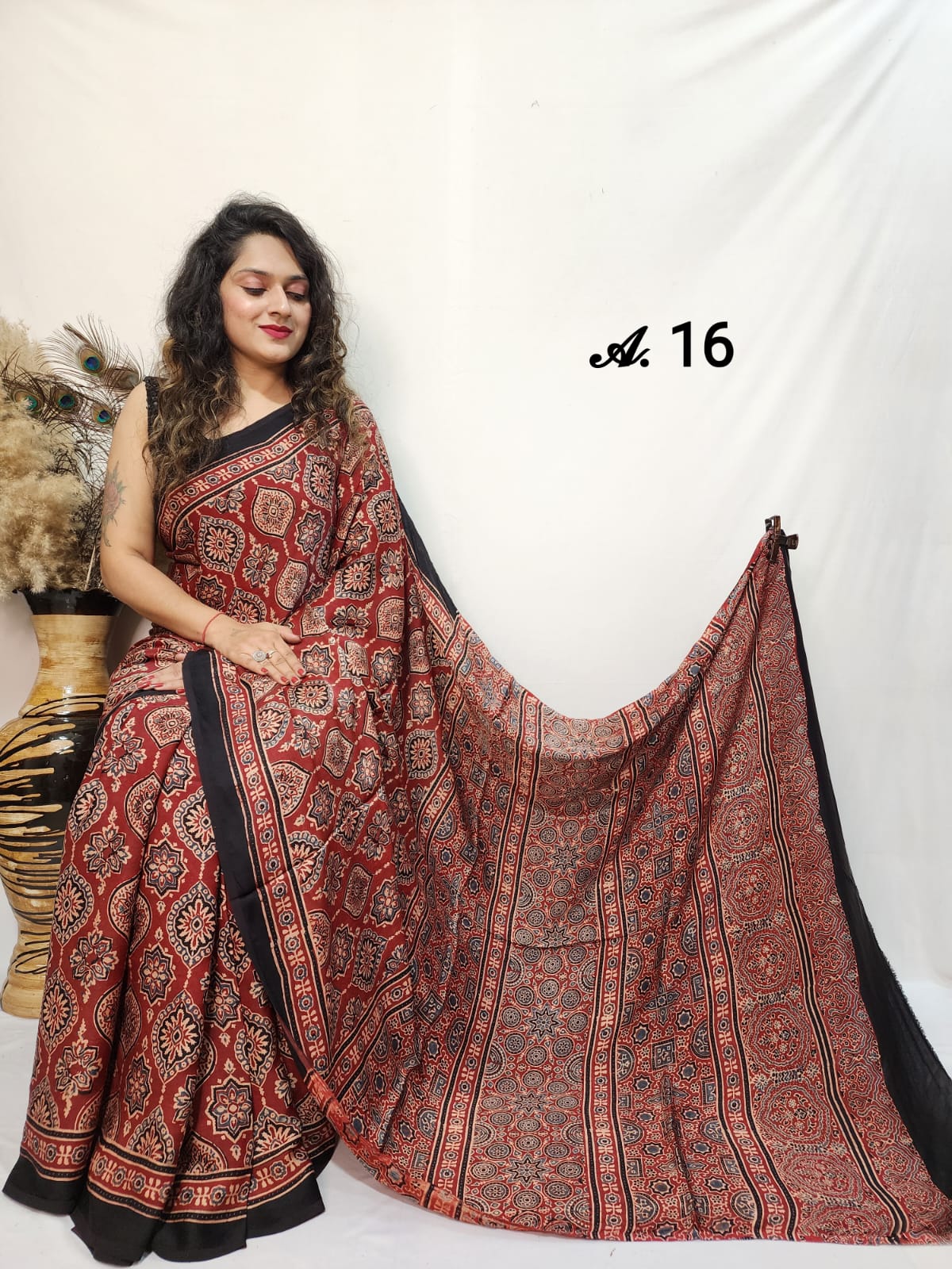 Red Badaam Buta Motif Ajrakh Hand Block Natural Dye Modal Silk Saree With Blouse