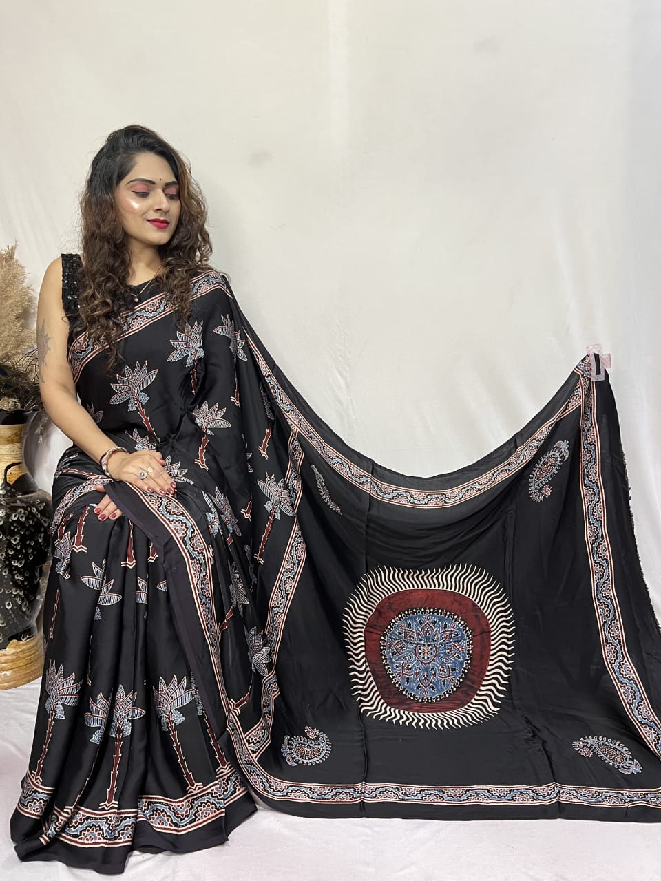 Black Magic Ajrakh Hand Block Natural Dye Modal Silk Saree With Blouse