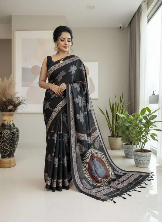 Black Magic Ajrakh Hand Block Natural Dye Modal Silk Saree With Blouse