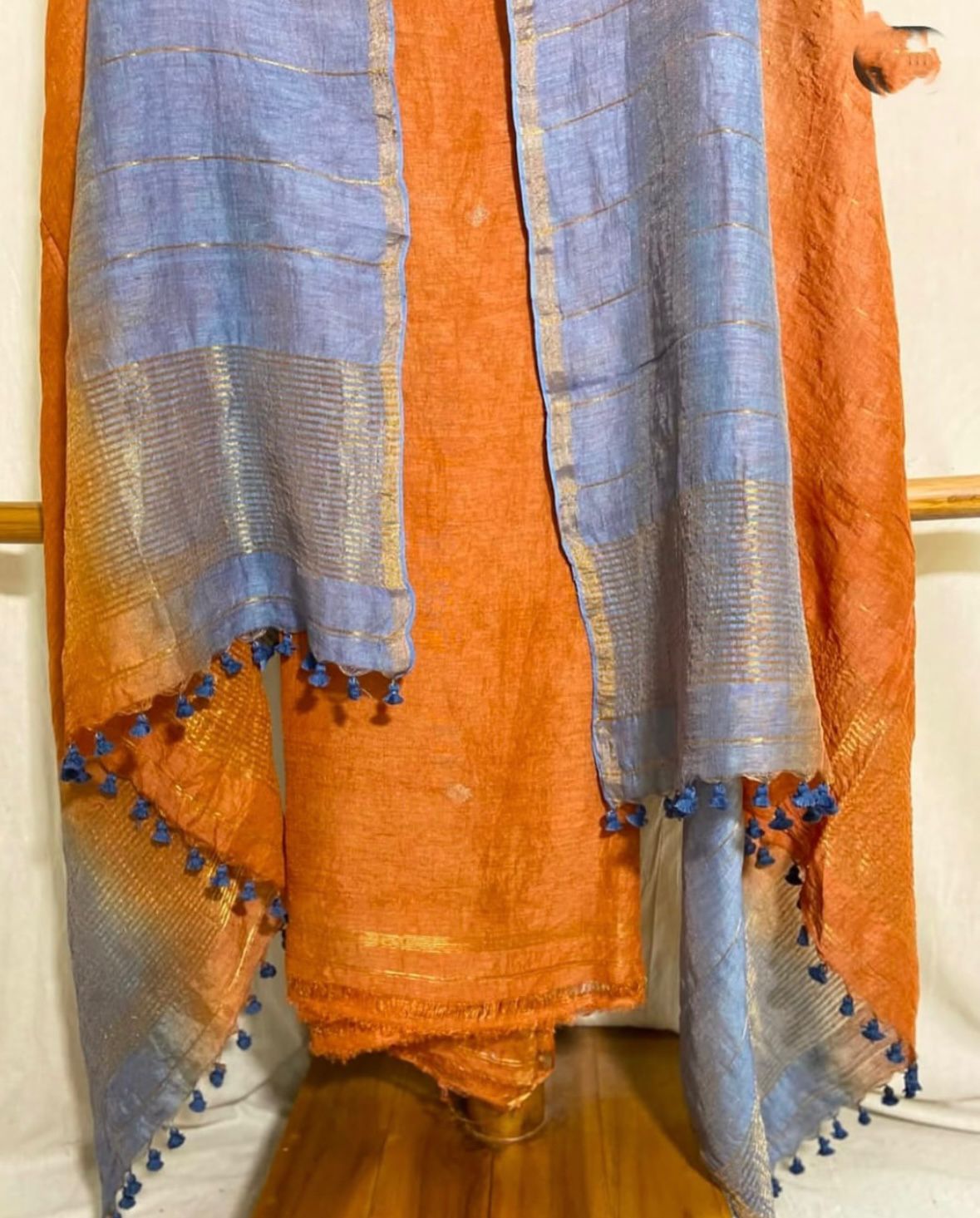 Fanta Orange Dual toned Unstitched Pure Linen on Linen Jamdaani Daman 2 pc Suit Set