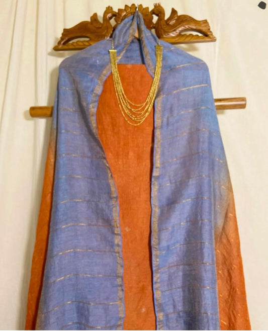 Fanta Orange Dual toned Unstitched Pure Linen on Linen Jamdaani Daman 2 pc Suit Set