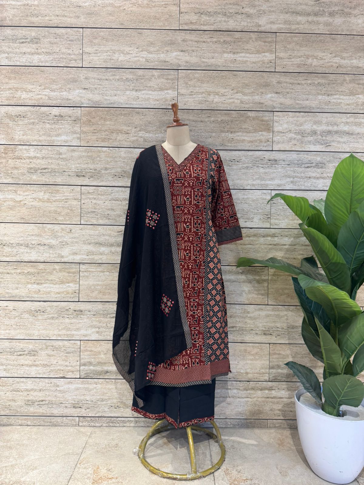 Black and Red Ajrakh Print Pure Cotton A Line Suit Set with Cotton Dupatta