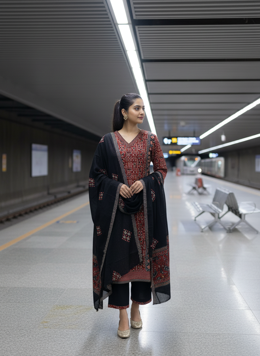 Black and Red Ajrakh Print Pure Cotton A Line Suit Set with Cotton Dupatta