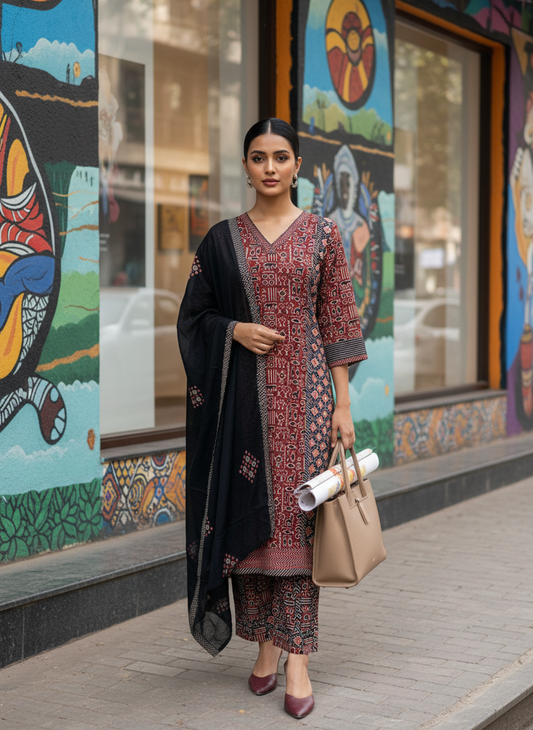 Black and Red Ajrakh Print Pure Cotton A Line Suit Set with Cotton Dupatta