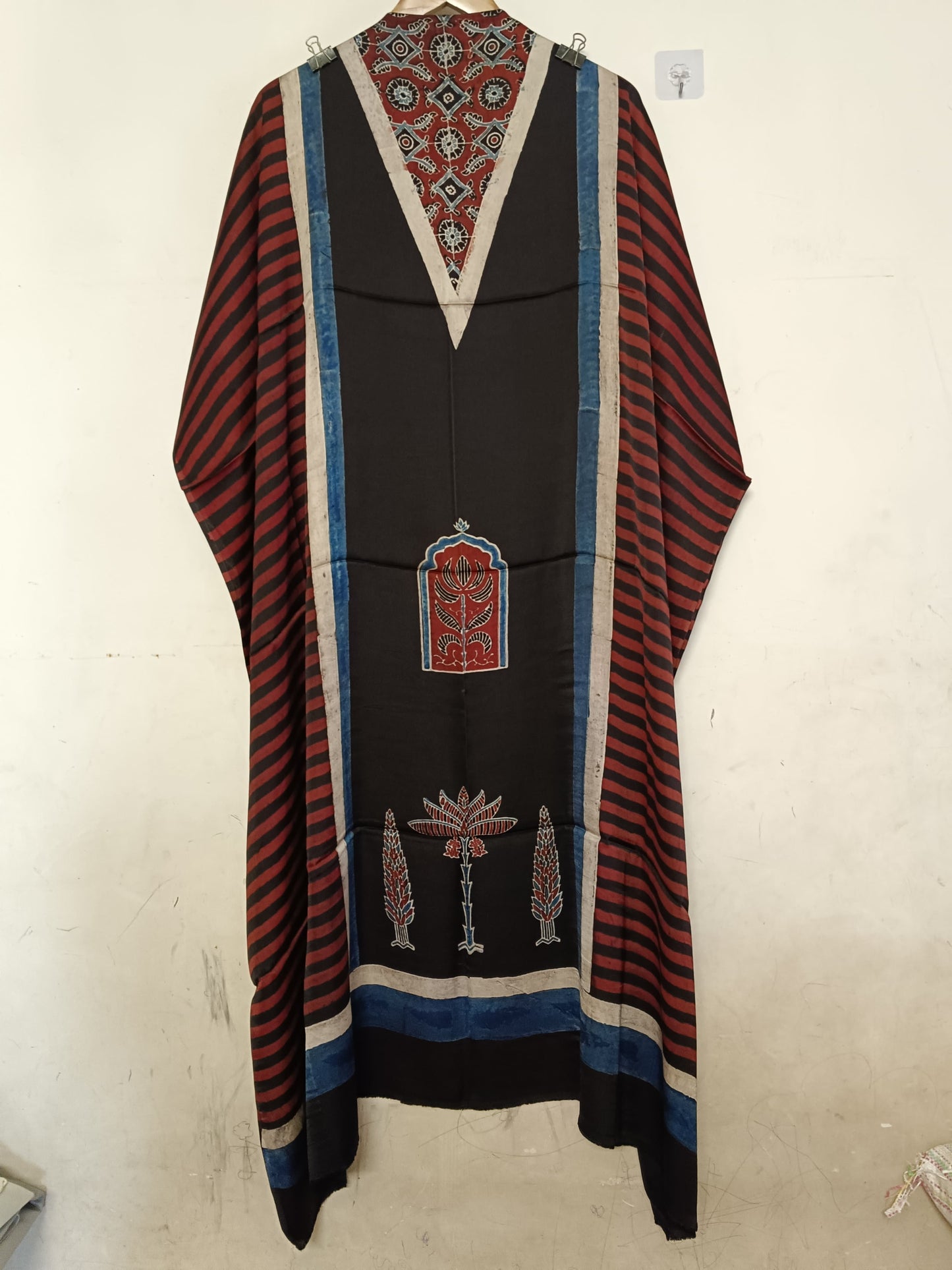 Black Jharokha Motif Modal Silk Ajrakh Hand Block Print Designer Unstitched Fabric (Kurta Only)