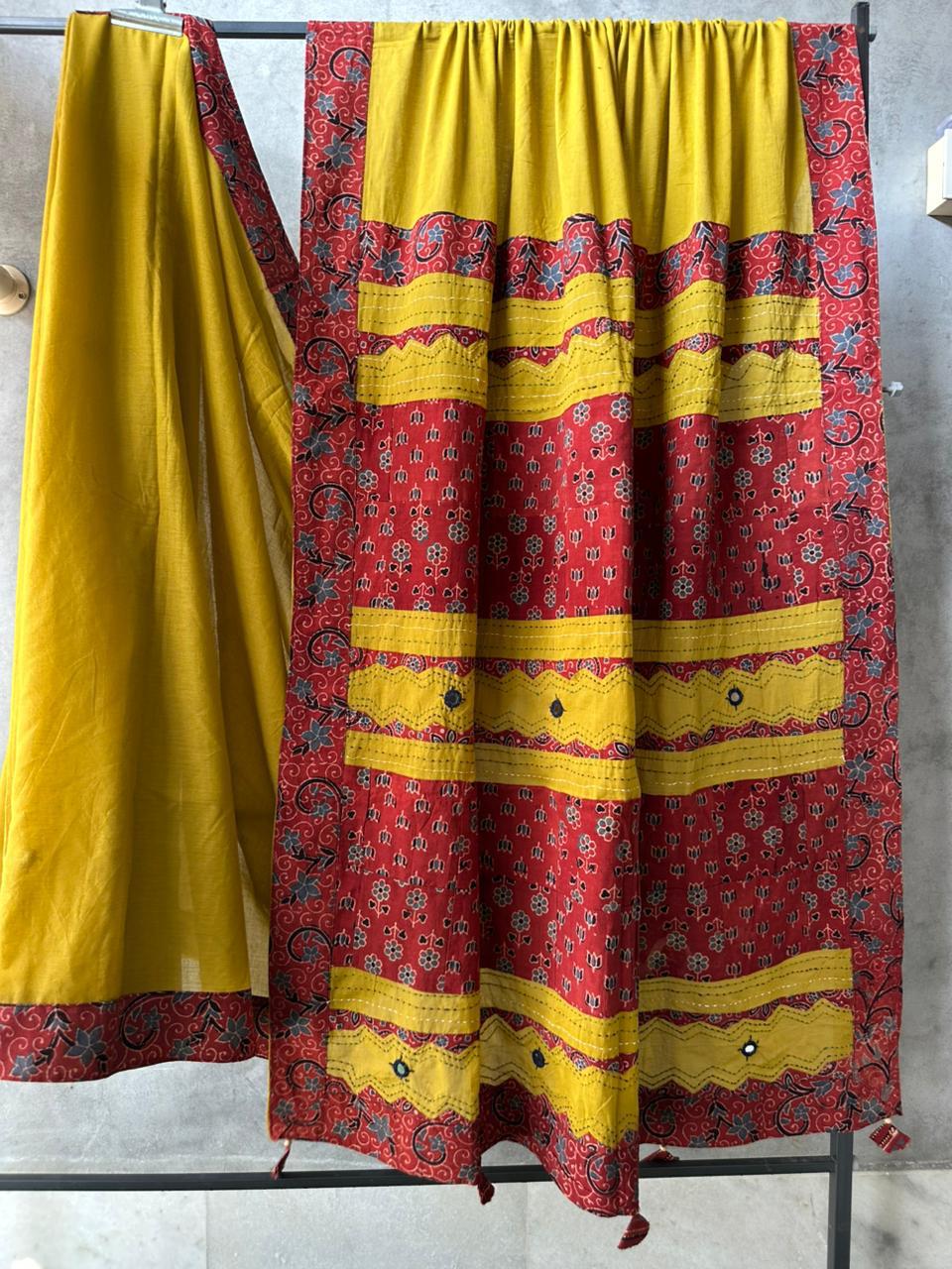 Mustard and Red Ajrakh Patchwork Cotton Saree with Embroidery and Mirror Work