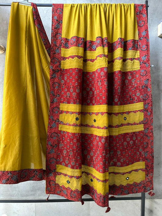 Mustard and Red Ajrakh Patchwork Cotton Saree with Embroidery and Mirror Work