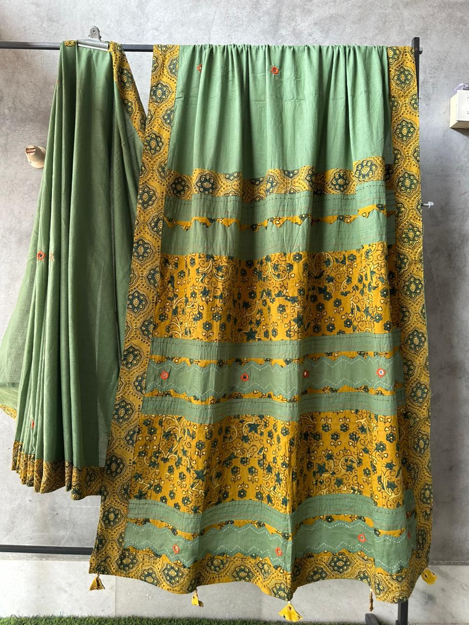 Pista Green Pure Cotton Saree with Ajrakh Patchwork Embroidery and Mirror Work