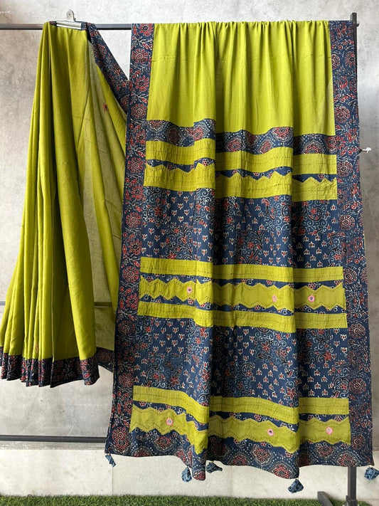 Kairi Green Pure Cotton Saree with Ajrakh Applique Patchwork Embroidery and Mirror Work