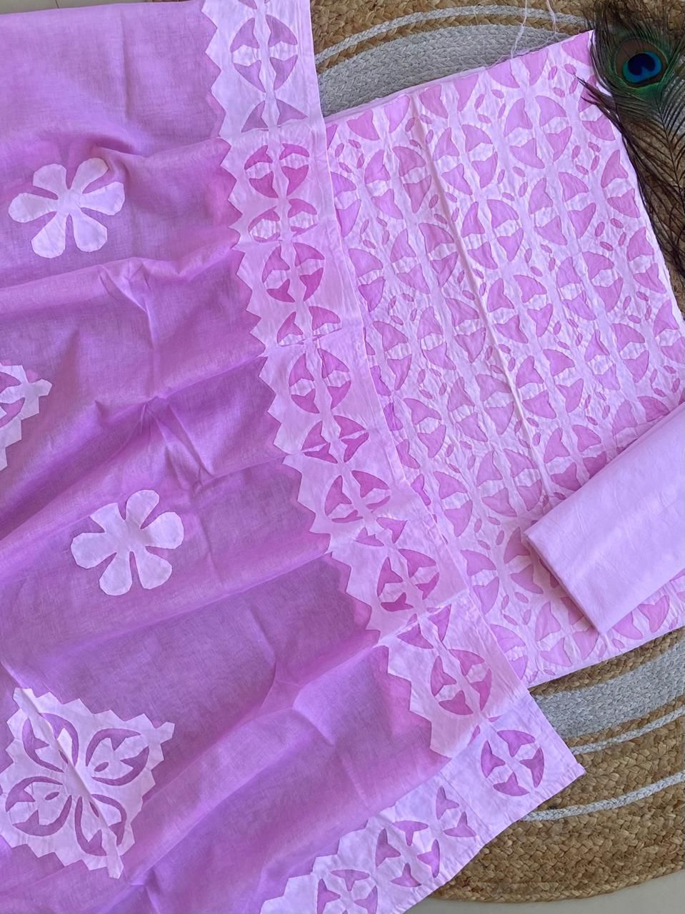 Soft Purple Barmer Applique Cut Work Cotton 3pc Suit Material Set