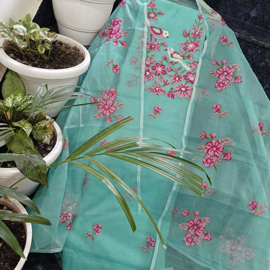 Cyan Green Kota Doria 3 Piece Suit Set with Cross Stitch Embroidery and Kota Doria Dupatta