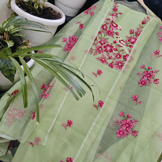 Gheeya Kapuri Green Kota Doria 3 Piece Suit Set with Cross Stitch Embroidery and Kota Doria Dupatta