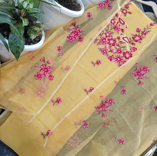 Hansa Yellow Kota Doria 3 Piece Suit Set with Cross Stitch Embroidery and Kota Doria Dupatta