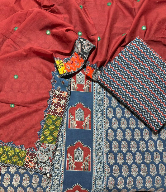 Blue Ajrakh Pure Cotton Suit Set with Tear Drop Motif and Red Mirror Work Cotton Dupatta