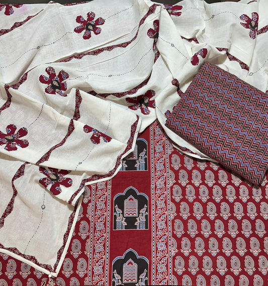 Red Ajrakh Pure Cotton Suit Set with Kairi Motif and Off white Applique Cotton Dupatta