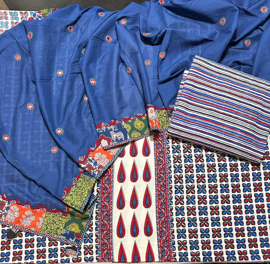 Off white Ajrakh Flower Motif Pure Cotton Suit Set with Blue Mirror Work Cotton Dupatta