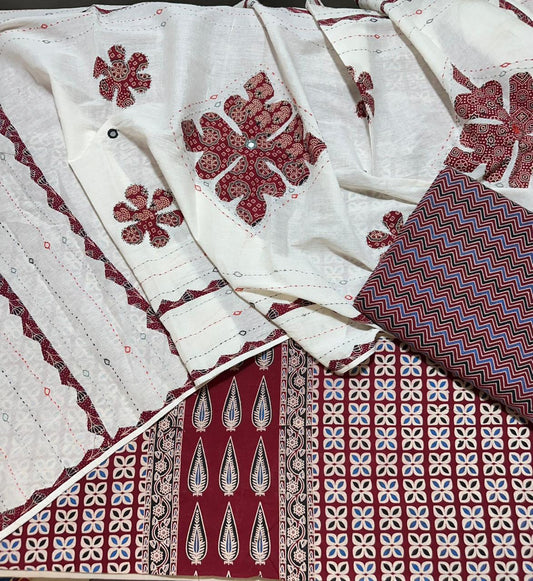 Red Ajrakh Pure Cotton Suit Set with Flower Motif and Off white Applique Cotton Dupatta