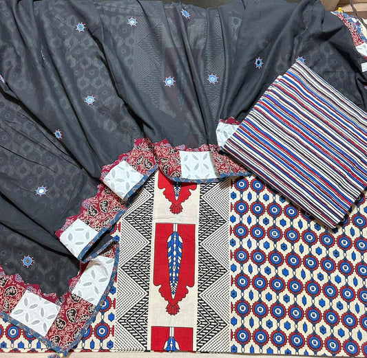Off White Ajrakh Pure Cotton Suit Set with Chain Motif and Black Mirror Work Cotton Dupatta