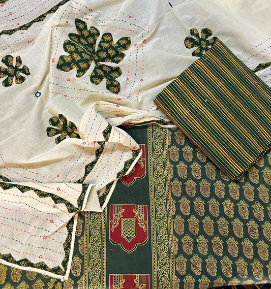 Kai Green Ajrakh Pure Cotton Suit Set with Jharokha Motif and Applique Cotton Dupatta