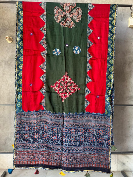 Bottle Green and Red Ajrakh Applique Patchwork Modal Silk Dupatta with Tassels