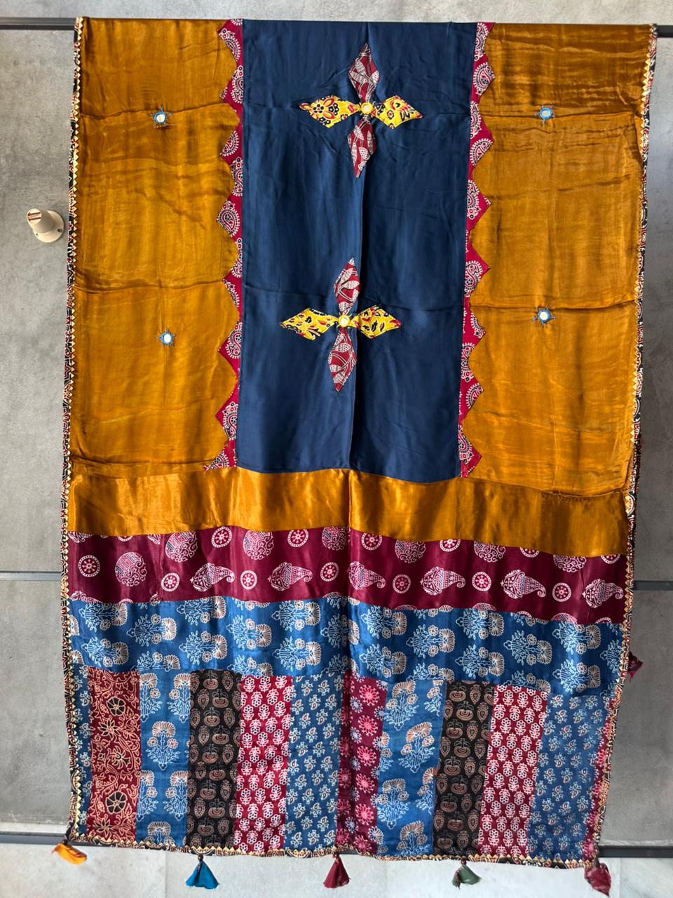 Jaggery Caramel Base Ajrakh Applique Patchwork Modal Silk Dupatta with Mirror Work