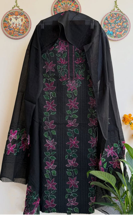 Black Pure Mul Cotton 3-Piece Unstitched Suit Set with Margenta Kantha Embroidery