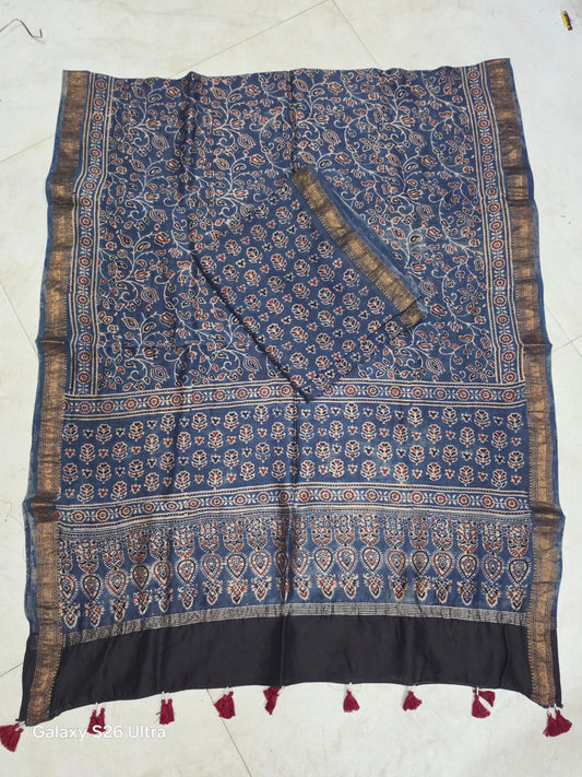 Blue Floral Bel Jaal Motif Hand Block Ajrakh Printed Maheshwari Silk Cotton 2 Piece Suit set