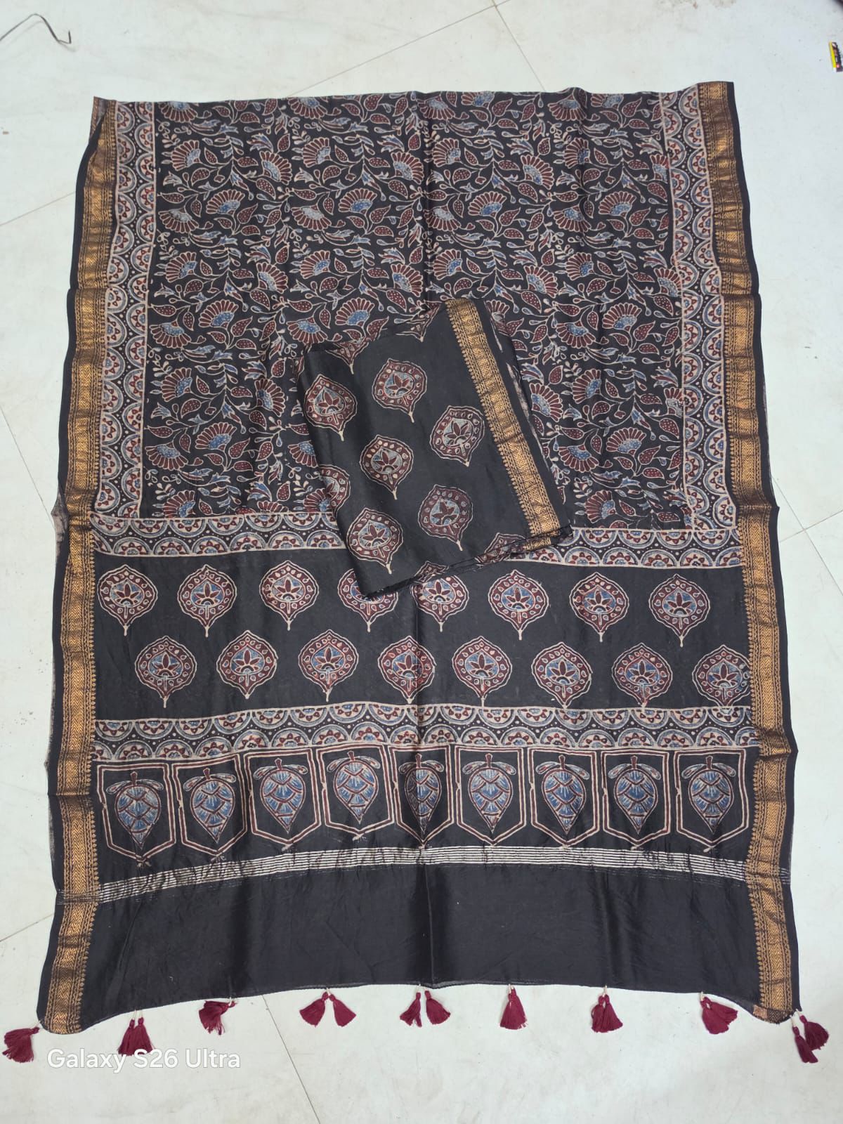 Black Diamond Floral Jaal Motif Hand Block Ajrakh Printed Maheshwari Silk Cotton 2 Piece Suit set