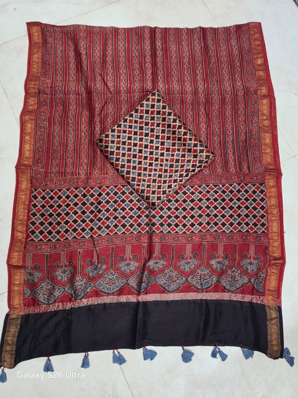 Red Honeycomb Strips Motif Hand Block Ajrakh Printed Maheshwari Silk Cotton 2 Piece Suit Set