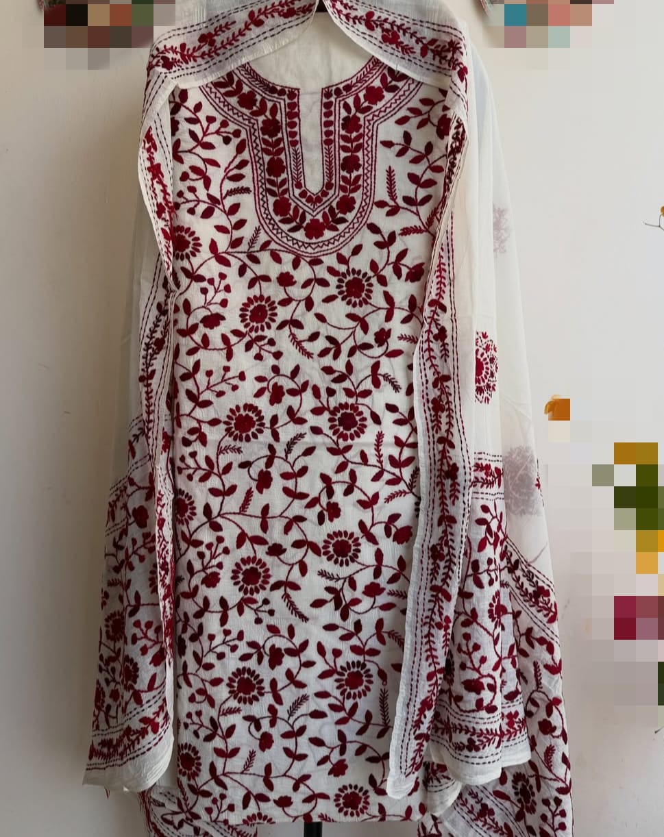 White Pure Mul Cotton 3-Piece Unstitched Suit Set with Maroon Kantha Embroidery