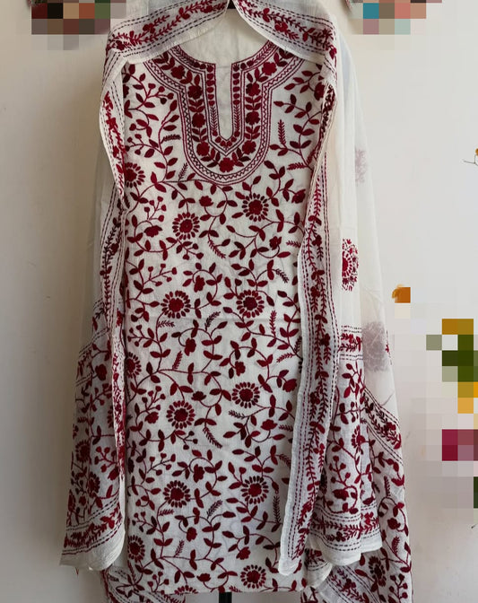 White Pure Mul Cotton 3-Piece Unstitched Suit Set with Maroon Kantha Embroidery