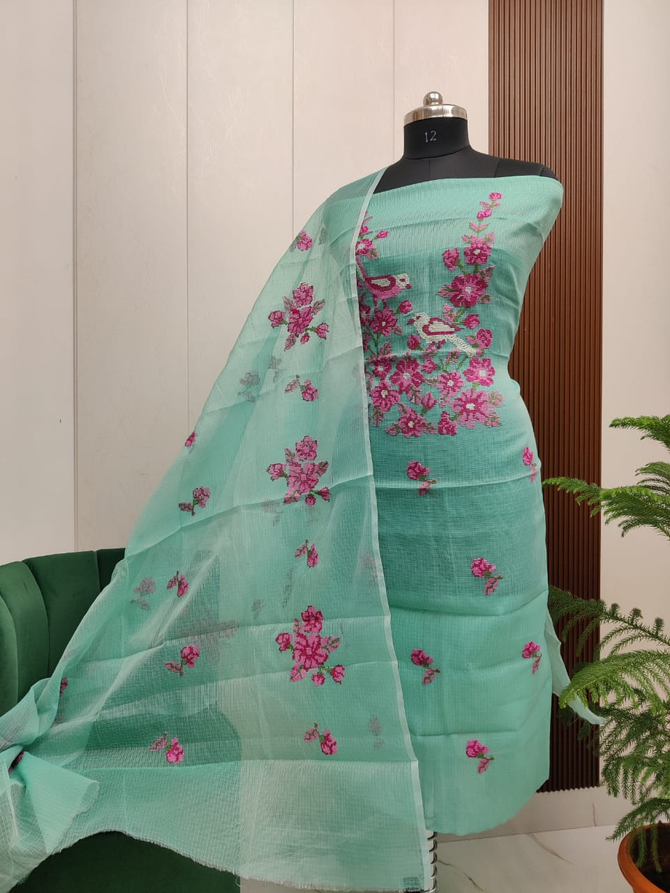 Mint Green Kota-Doria 3 Piece Suit Set with Cross Stitch Embroidery Bird Motif and Kota Doria Dupatta