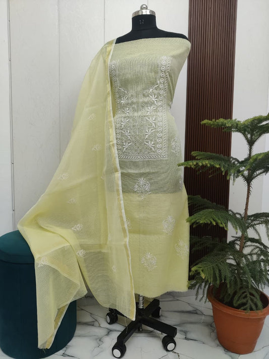 Soft Lemon Kota-Doria 3 Piece Suit Set with Chikankari Embroidery and Kota Doria Dupatta