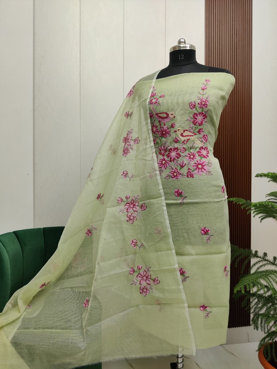 Gheeya Kapuri Green Kota Doria 3 Piece Suit Set with Bird Motif Cross Stitch and Kota Doria Dupatta