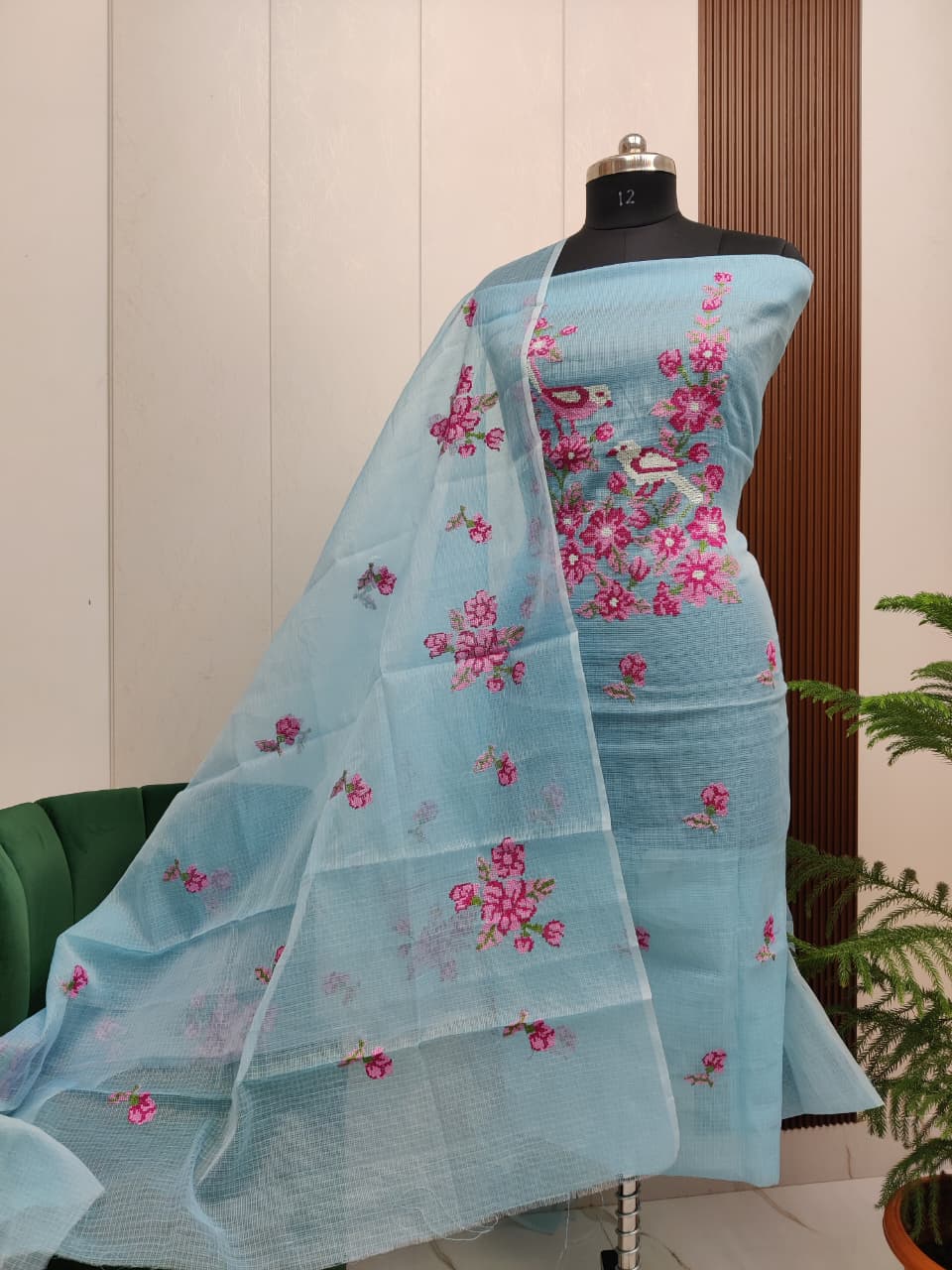 Aqua Blue Kota Doria 3 Piece Suit Set with Bird Motif Cross Stitch and Kota Doria Dupatta