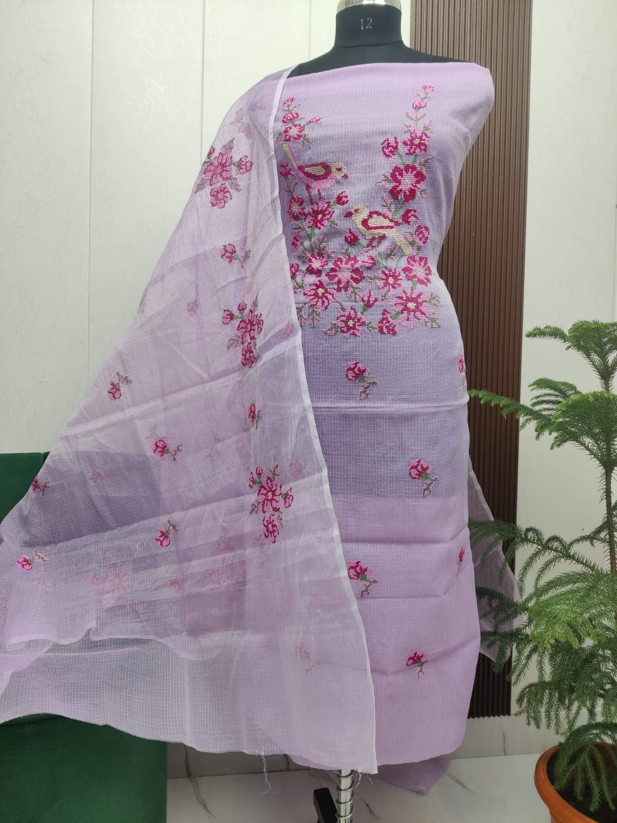 Lavender Kota-Doria 3 Piece Suit Set with Cross Stitch Bird Motif and Kota Doria Dupatta