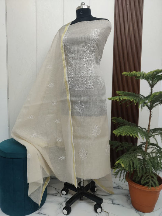 Offwhite Kota-Doria 3 Piece Suit Set with Chikankari Embroidery and Kota Doria Dupatta