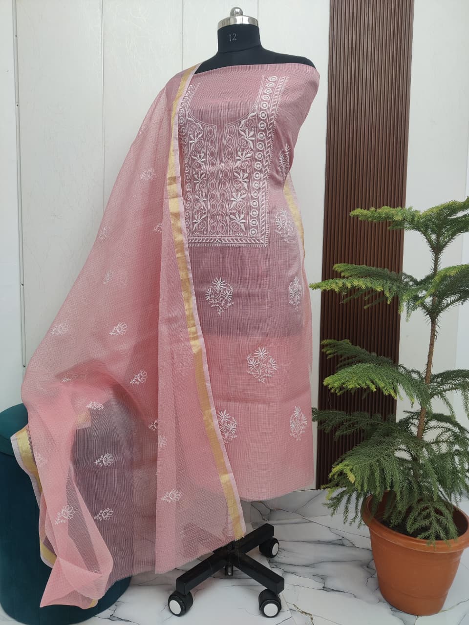 Soft Pink Kota-Doria 3 Piece Suit Set with Chikankari Embroidery and Kota Doria Dupatta