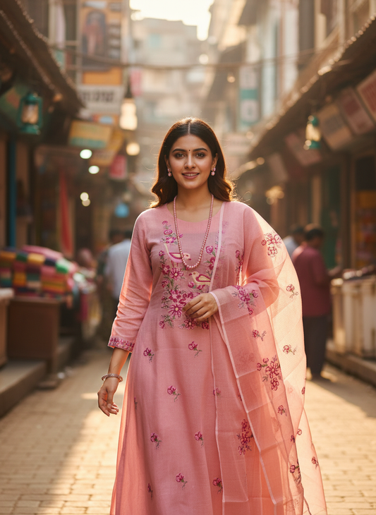 Reddish Pink Kota-Doria 3 Piece Suit Set with Cross Stitch Embroidery and Kota Doria Dupatta