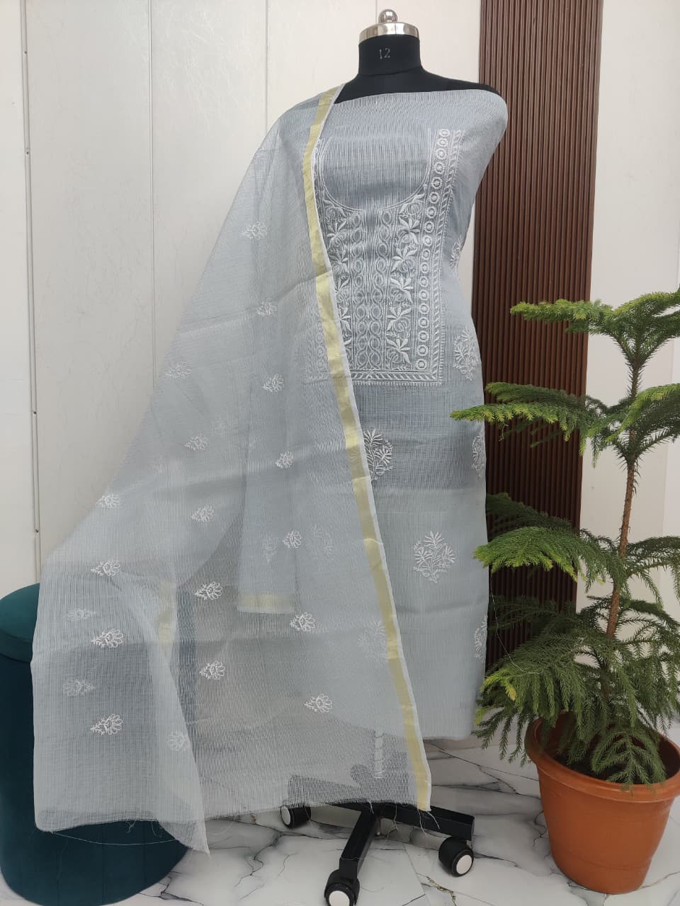 Soft Grey Kota-Doria 3 Piece Suit Set with Chikankari Embroidery and Kota Doria Dupatta
