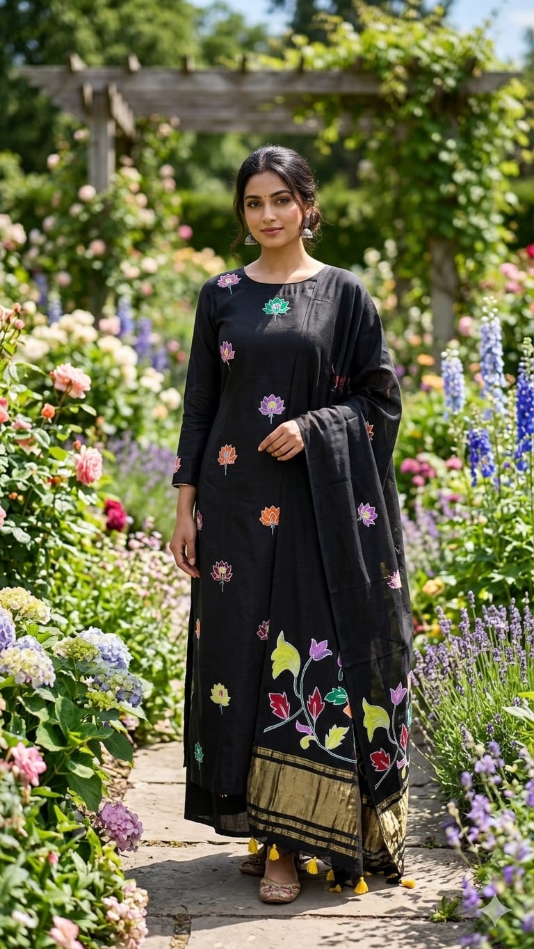 Black Lotus Motif Hand Painted 2 Piece Suit Material with Modal Silk Lagdi Patti Dupatta