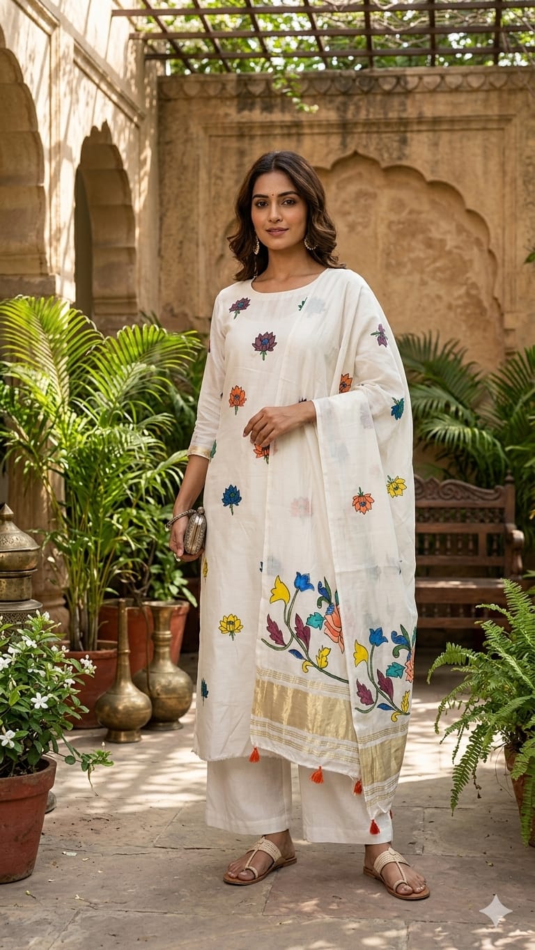 Off White Lotus Motif Hand Painted 2 Piece Suit Material with Modal Silk Lagdi Patti Dupatta