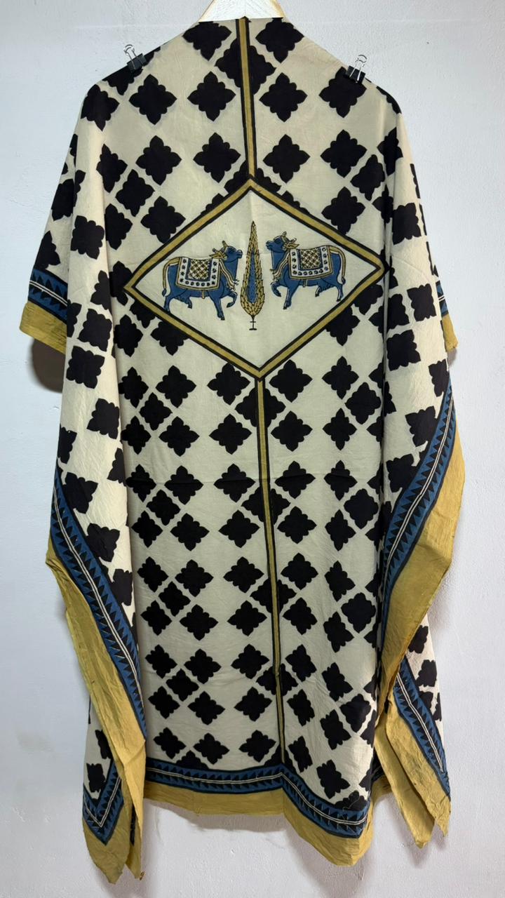 OffWhite Shade Kamdhenu Flower Motif Ajrakh HandBlock Unstitched Pure Cotton Fabric (Kurta Only)