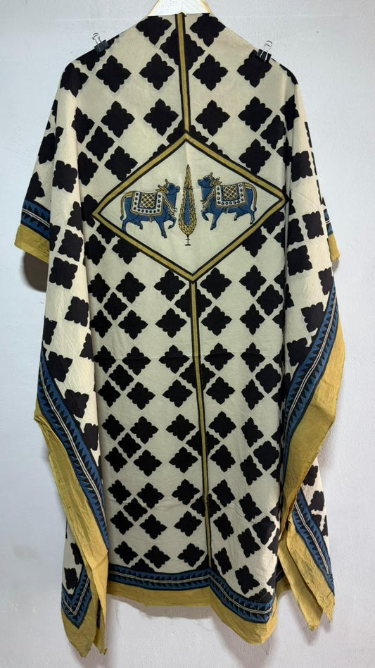 OffWhite Shade Kamdhenu Flower Motif Ajrakh HandBlock Unstitched Pure Cotton Fabric (Kurta Only)