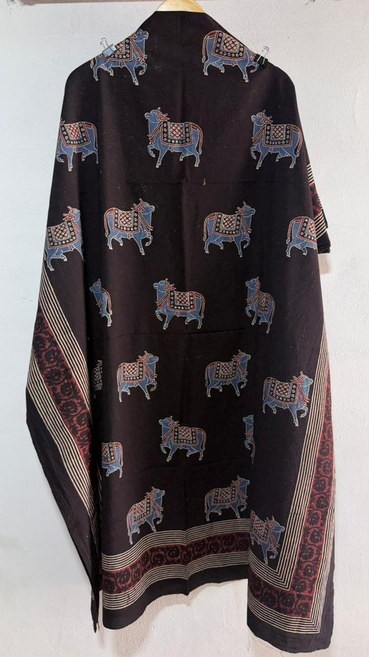 Black Shade Kamdhenu Motif Ajrakh HandBlock Unstitched Pure Cotton Fabric (Kurta Only)