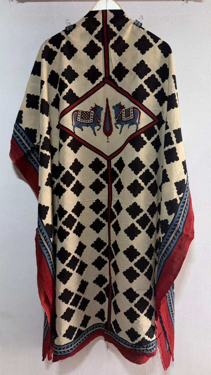 OffWhite Kamdhenu Jharokha Motif Ajrakh HandBlock Unstitched Pure Cotton Fabric (Kurta Only)