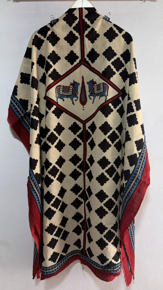 OffWhite Kamdhenu Jharokha Motif Ajrakh HandBlock Unstitched Pure Cotton Fabric (Kurta Only)
