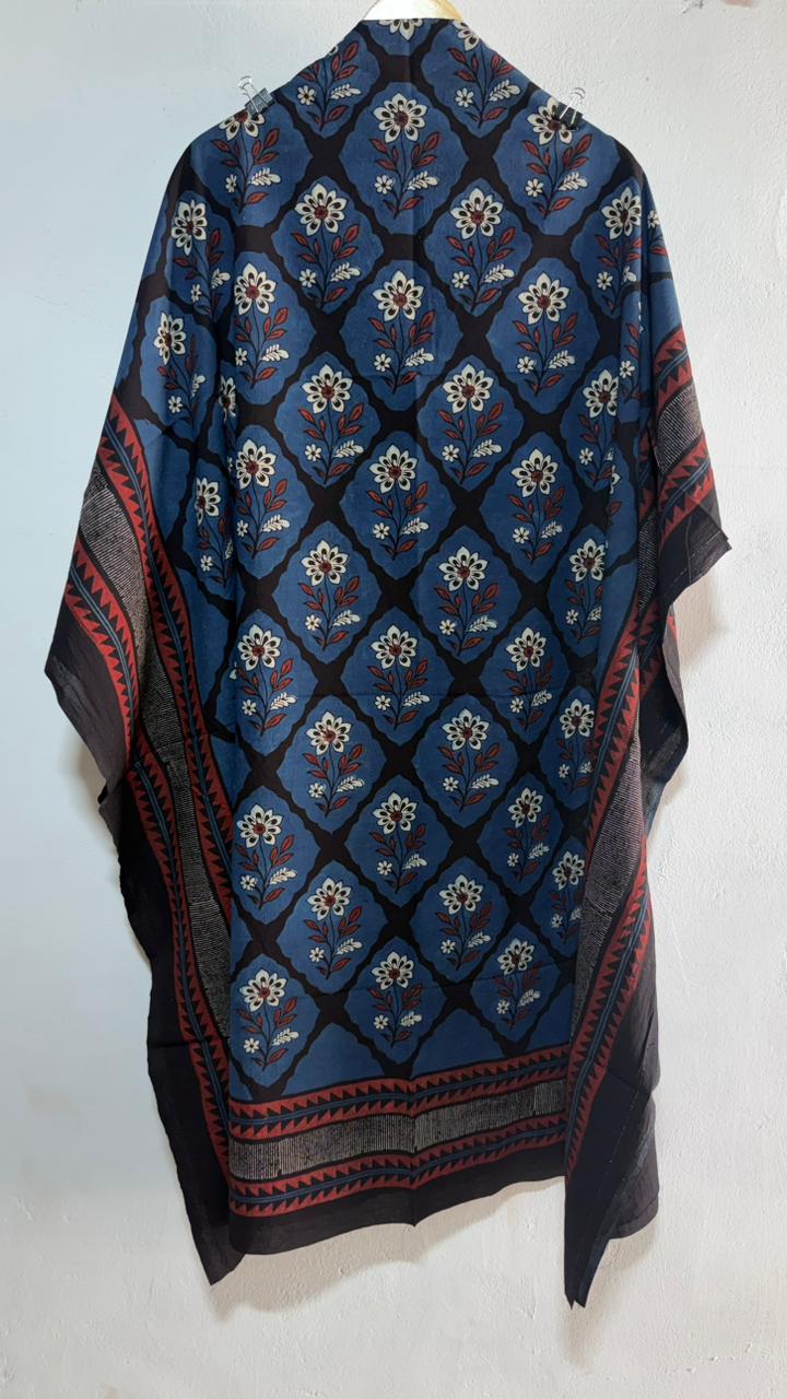 Blue Shade Flower Motif Ajrakh HandBlock Unstitched Pure Cotton Fabric (Kurta Only)